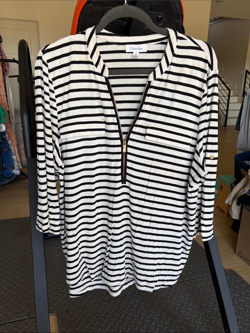 Calvin Klein Black & White Striped Half-Zip Tunic